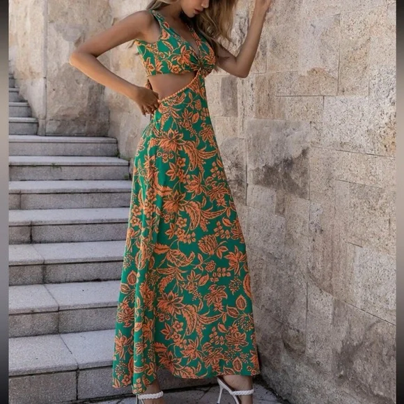 Boho Floral Print Cut Out Waist Back Tie Bow Dress - Picture 12 of 12